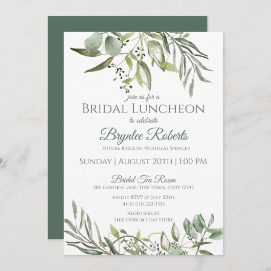 Botanische Blätter und Grüne Bridal Luncheon Einladung (Vorne/Hinten)
