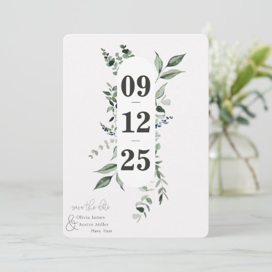 Botanische Blattgrüne Save the Date (Stehend Vorderseite)