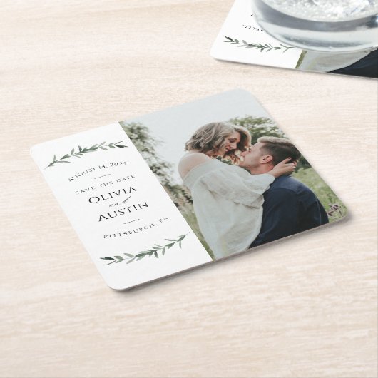 Botanische Blattgrüne Save the Date Rechteckiger Pappuntersetzer (angewinkelt)