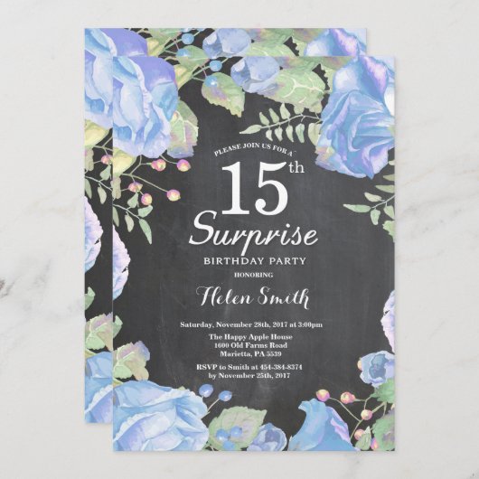 Botanische blaue Blumenüberraschungs-15. Einladung (Vorne/Hinten)