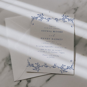 Botanische blaue Linienkunst Elegante Hochzeit Einladung