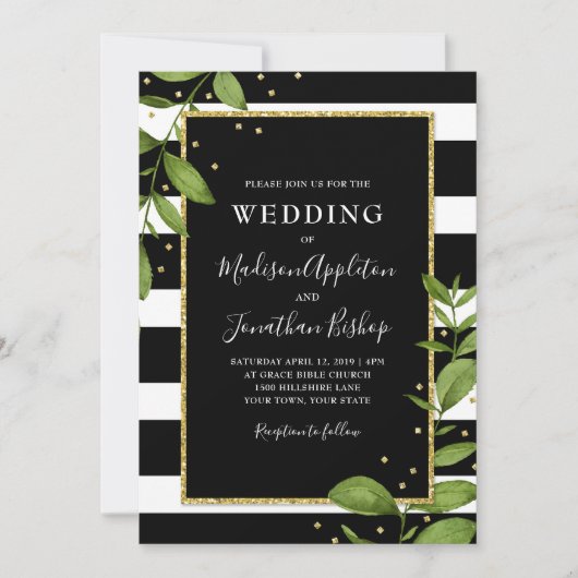 Botanische Bling Hochzeits-Schwarzweiss-Einladung Einladung (Vorderseite)