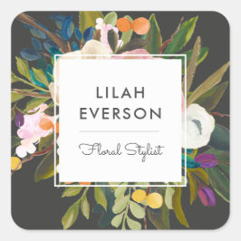 Botanische Bliss Floral Business Labels | Schwarz Quadratischer Aufkleber