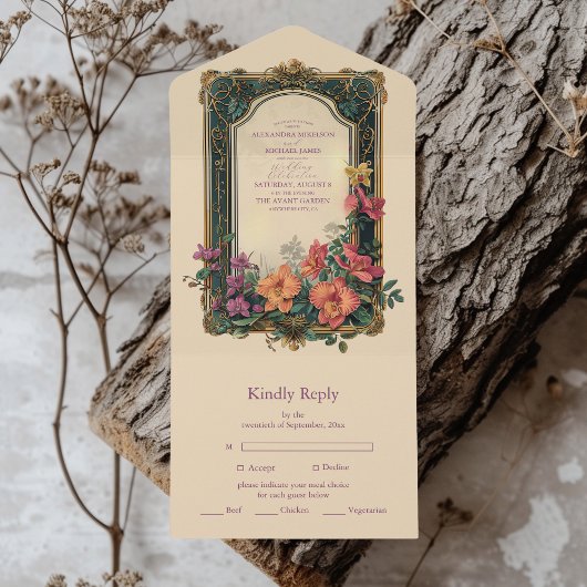 Botanische Bliss Wildblumen Jugendstil-Hochzeit All In One Einladung