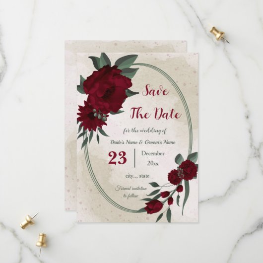 Botanische Blume aus Burgund Save The Date (Vorderseite/Rückseite Beispiel)