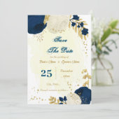 Botanische Blume aus Marineblau und Weiß Save The Date (Stehend Vorderseite)