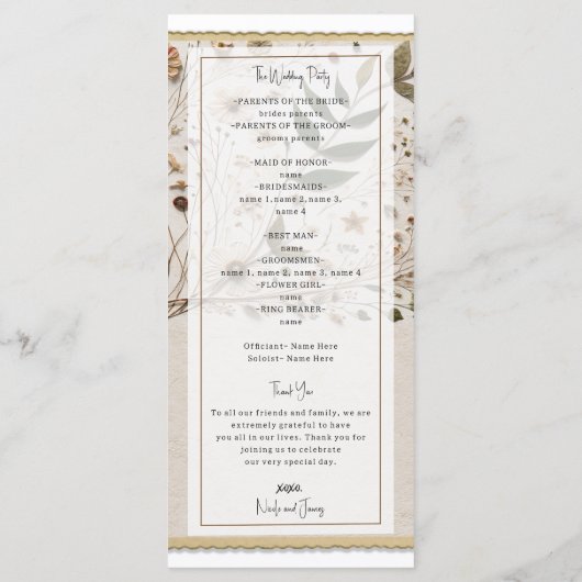 Botanische Blume & Blätter Hochzeit der Natur Programm (Rückseite)