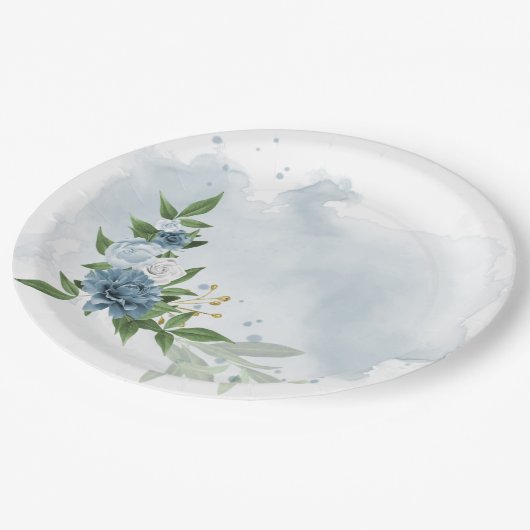 Botanische Blume blau-weiß Pappteller (Schrägansicht)