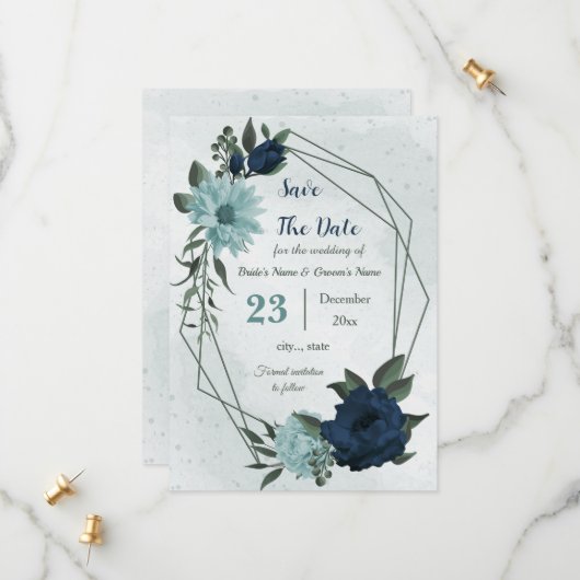 Botanische Blume der blauen Marine Save The Date (Vorderseite/Rückseite Beispiel)