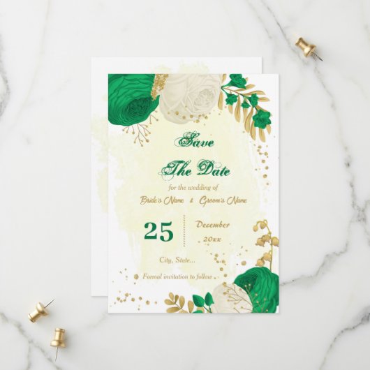 Botanische Blume, grün und weiß Save The Date (Vorderseite/Rückseite Beispiel)