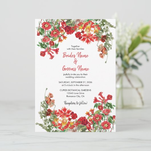 Botanische Blume Hochzeit im Roten Blumengarten Einladung (Stehend Vorderseite)