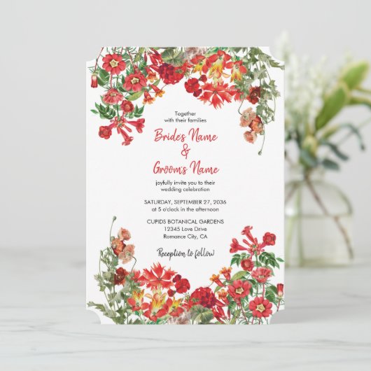 Botanische Blume Hochzeit im Roten Blumengarten Einladung (Stehend Vorderseite)