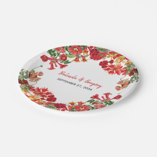 Botanische Blume Hochzeit im Roten Blumengarten Pappteller (Schrägansicht)