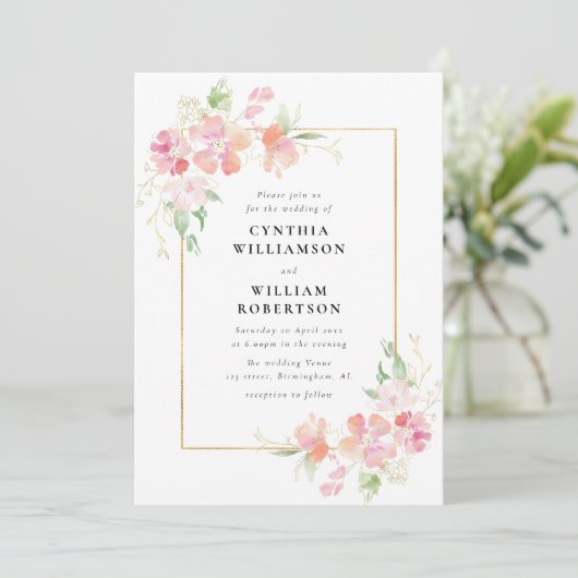 botanische Blume in Gold und Rosa Einladung (Stehend Vorderseite)