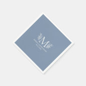 Botanische Blume in weißer Monogramm auf blau-grau Serviette (Ecke)