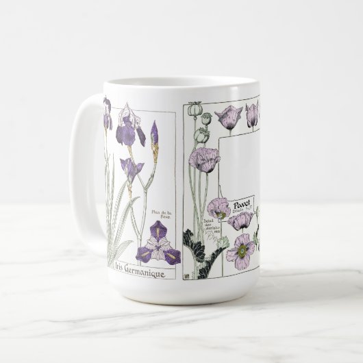 Botanische Blume Iris Poppy Tasse im Jugendstil (Vorderseite Links)