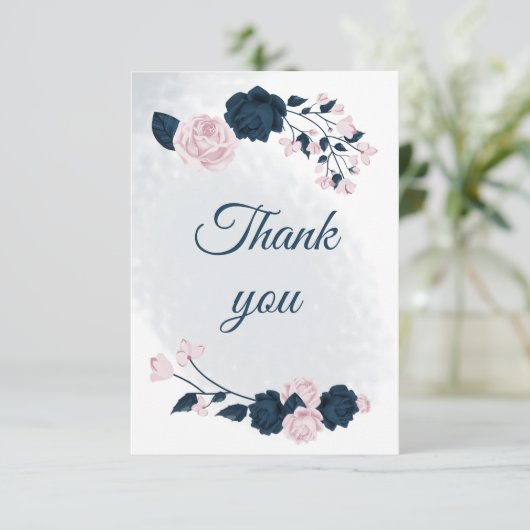 Botanische Blume mit eleganter Marine und rosa Dankeskarte (Stehend Vorderseite)