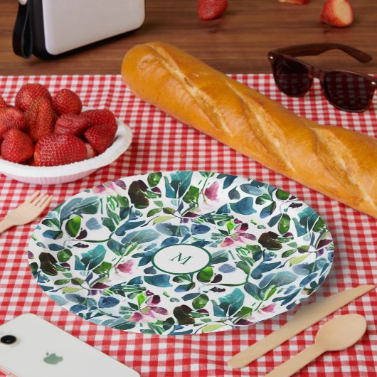 Botanische Blume mit Wasserfarbe elegant mit Monog Pappteller (Picknick)