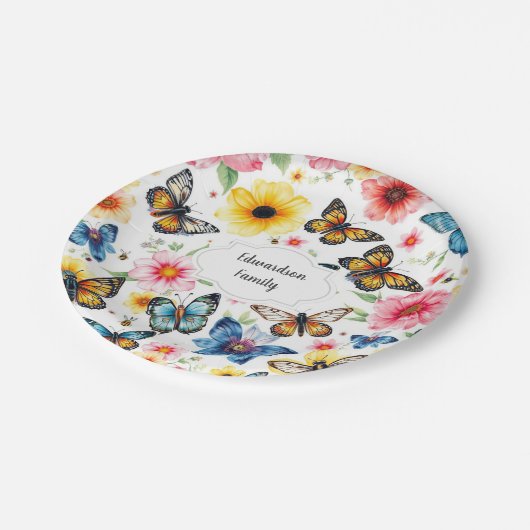 Botanische Blume mit Wasserfarbe elegant mit Monog Pappteller (Schrägansicht)