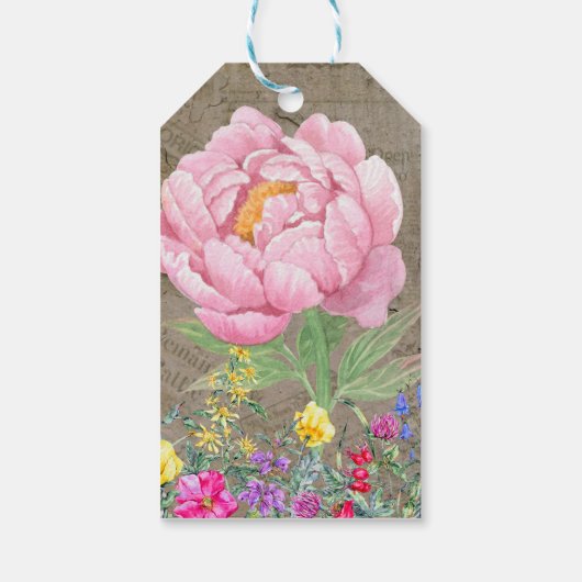Botanische Blume, Rosa Rose, Vintage Zeitungen Geschenkanhänger (Rückseite)