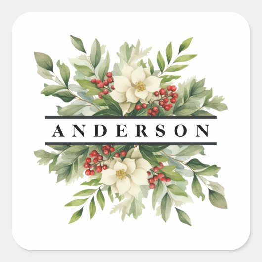 Botanische Blume und Berries Quadratischer Aufkleber (Vorderseite)