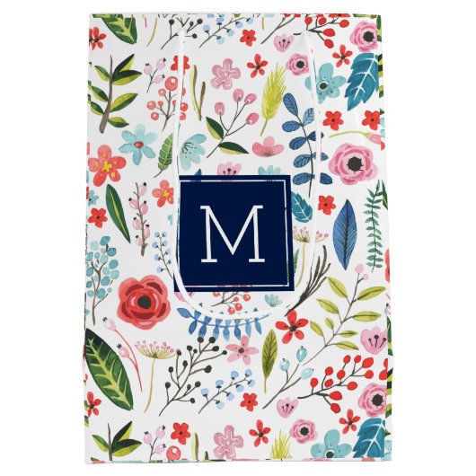 Botanische Blume und Blätter, Niedliche Farbmuster Mittlere Geschenktüte (Rückseite)