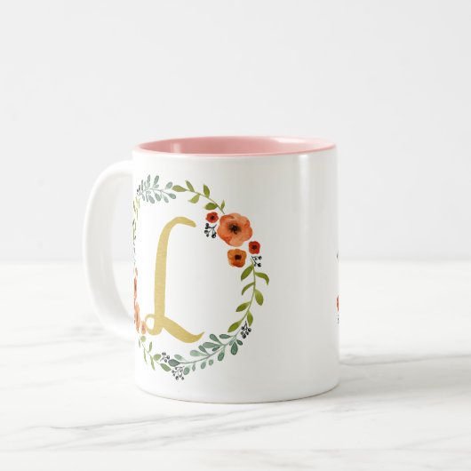 Botanische Blume Wreath Gold Monogram Initial L Zweifarbige Tasse (Vorderseite Links)