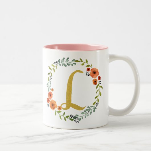 Botanische Blume Wreath Gold Monogram Initial L Zweifarbige Tasse (Rechts)