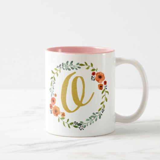 Botanische Blume Wreath Gold Monogram Initial O Zweifarbige Tasse (Rechts)