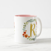 Botanische Blume Wreath Gold Monogram Initial R Zweifarbige Tasse (VorderseiteRechts)