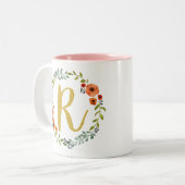 Botanische Blume Wreath Gold Monogram Initial R Zweifarbige Tasse (Vorderseite Links)