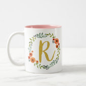 Botanische Blume Wreath Gold Monogram Initial R Zweifarbige Tasse (Links)