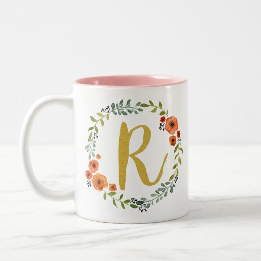 Botanische Blume Wreath Gold Monogram Initial R Zweifarbige Tasse (Links)