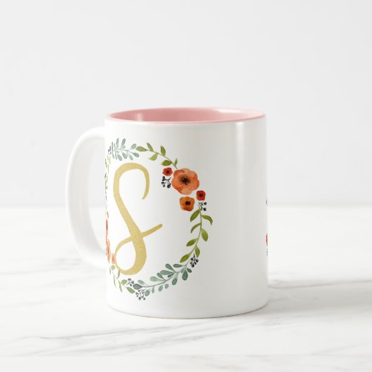 Botanische Blume Wreath Gold Monogram Initial S Zweifarbige Tasse (Vorderseite Links)