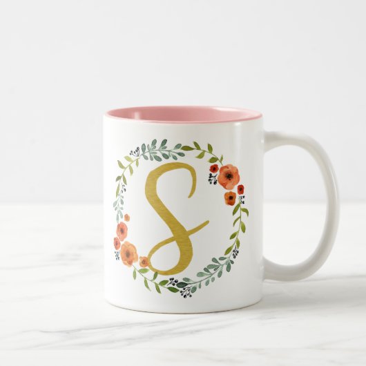 Botanische Blume Wreath Gold Monogram Initial S Zweifarbige Tasse (Rechts)