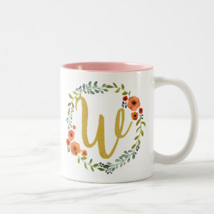 Botanische Blume Wreath Gold Monogram Initial W Zweifarbige Tasse