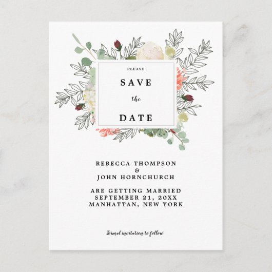Botanische Blumenhochzeit speichern Sie die Dattel Ankündigungspostkarte (Vorderseite)