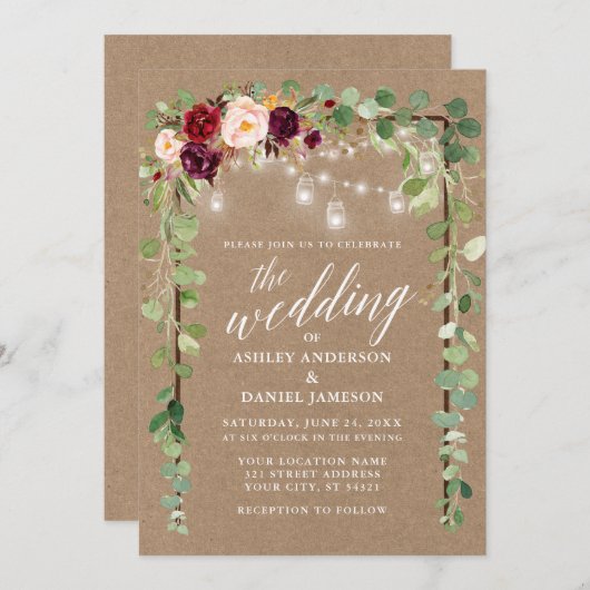 Botanische Blumenlampen Kalligrafie Kraft Hochzeit Einladung (Vorne/Hinten)