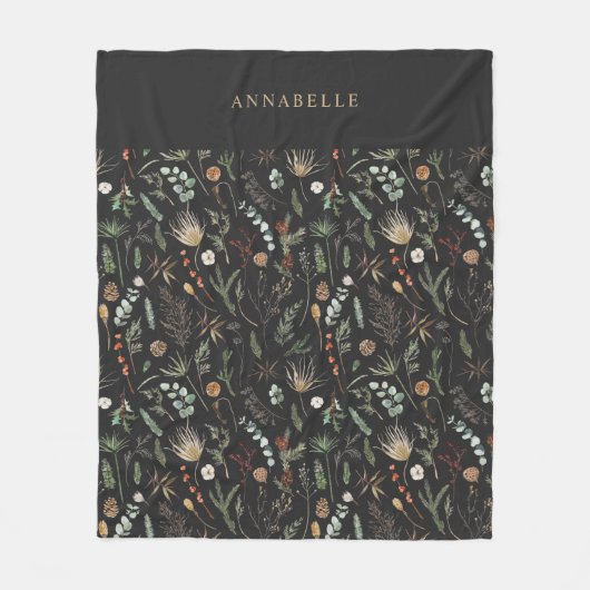 Botanische Blumenmoodie, schwarz, modern Fleecedecke (Vorderseite)