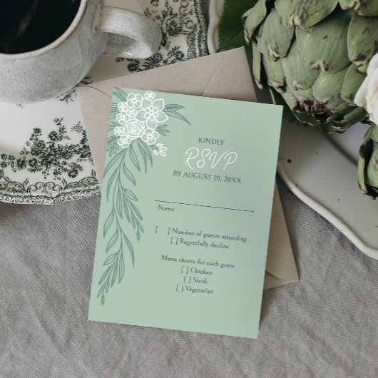 Botanische Blumenzange Mint Smaragdgrüne Hochzeit RSVP Karte