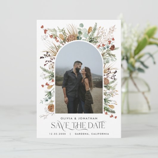 Botanische Blüten der Hochzeit 1 Foto Save The Date (Stehend Vorderseite)