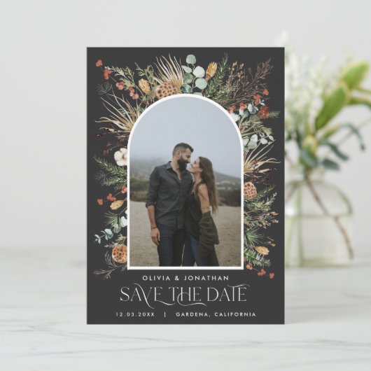 Botanische Blüten der Hochzeit 1 Foto Save The Date (Stehend Vorderseite)