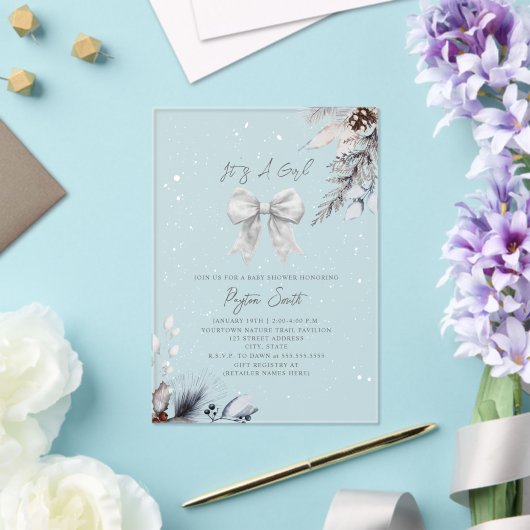 Botanische Blütenbrauen Winter Girl Babydusche Acryleinladungen (In Situ (Hochzeit))