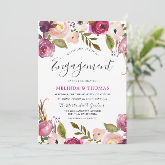 Botanische Blütenflora Elegante Engagement Party Einladung (Stehend Vorderseite)