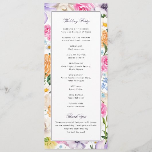 Botanische Blütenhochzeit-Wildblume Programm (Rückseite)