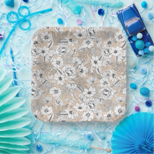 Botanische Blütenlinie zeichnend Farne beige Papa Pappteller (Party)