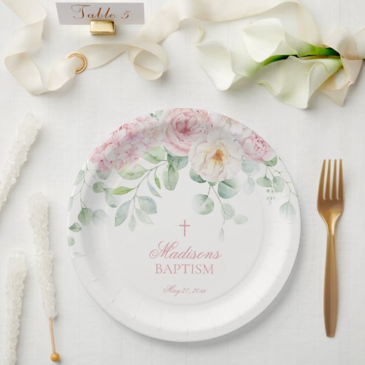 Botanische Blütentaufe in Pink Floral Hydrangea Pappteller (Hochzeit)