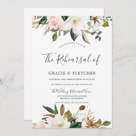 Botanische Blütenweiße Hochzeitsfeier Probe Einladung (Vorne/Hinten)