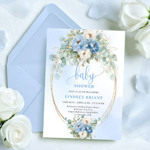 Botanische Boho Blaue Blumen Eukalyptus-Baby-Party Einladung