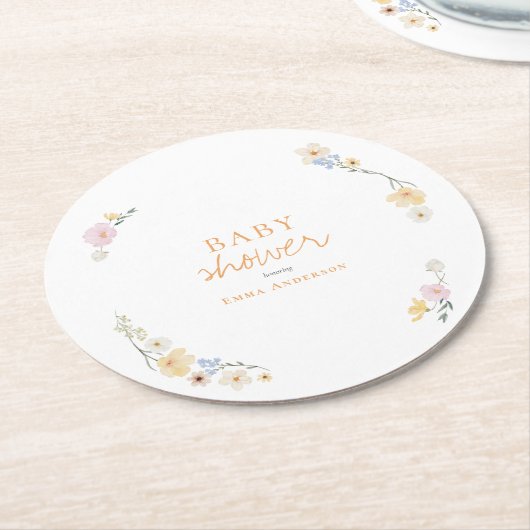 Botanische Boho-Blume Skriptbabydusche Runder Pappuntersetzer (Angewinkelt)